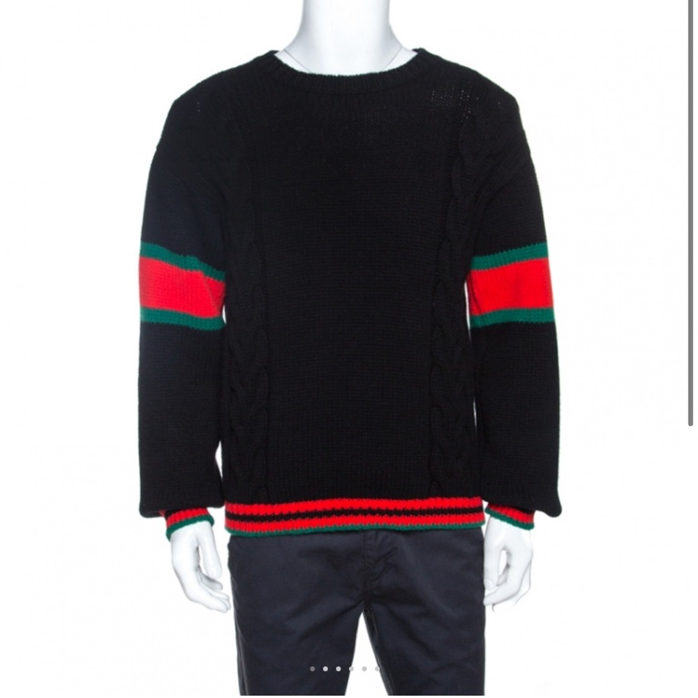 Gucci Men Black Web Striped Wool Cable Knit - Small (oversized)